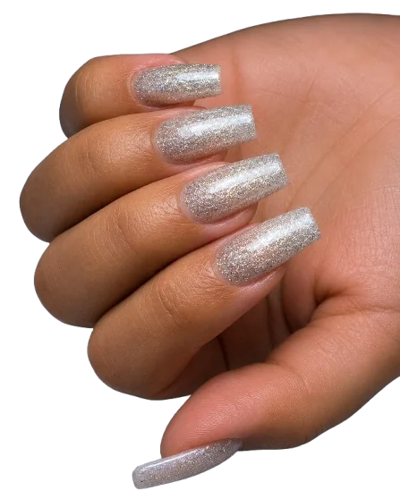 Alongamento em glitter prateado